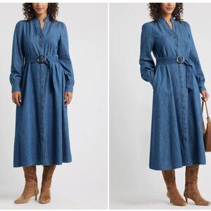 Caslon Belted Ruffle Long Sleeve Denim Dress XXL